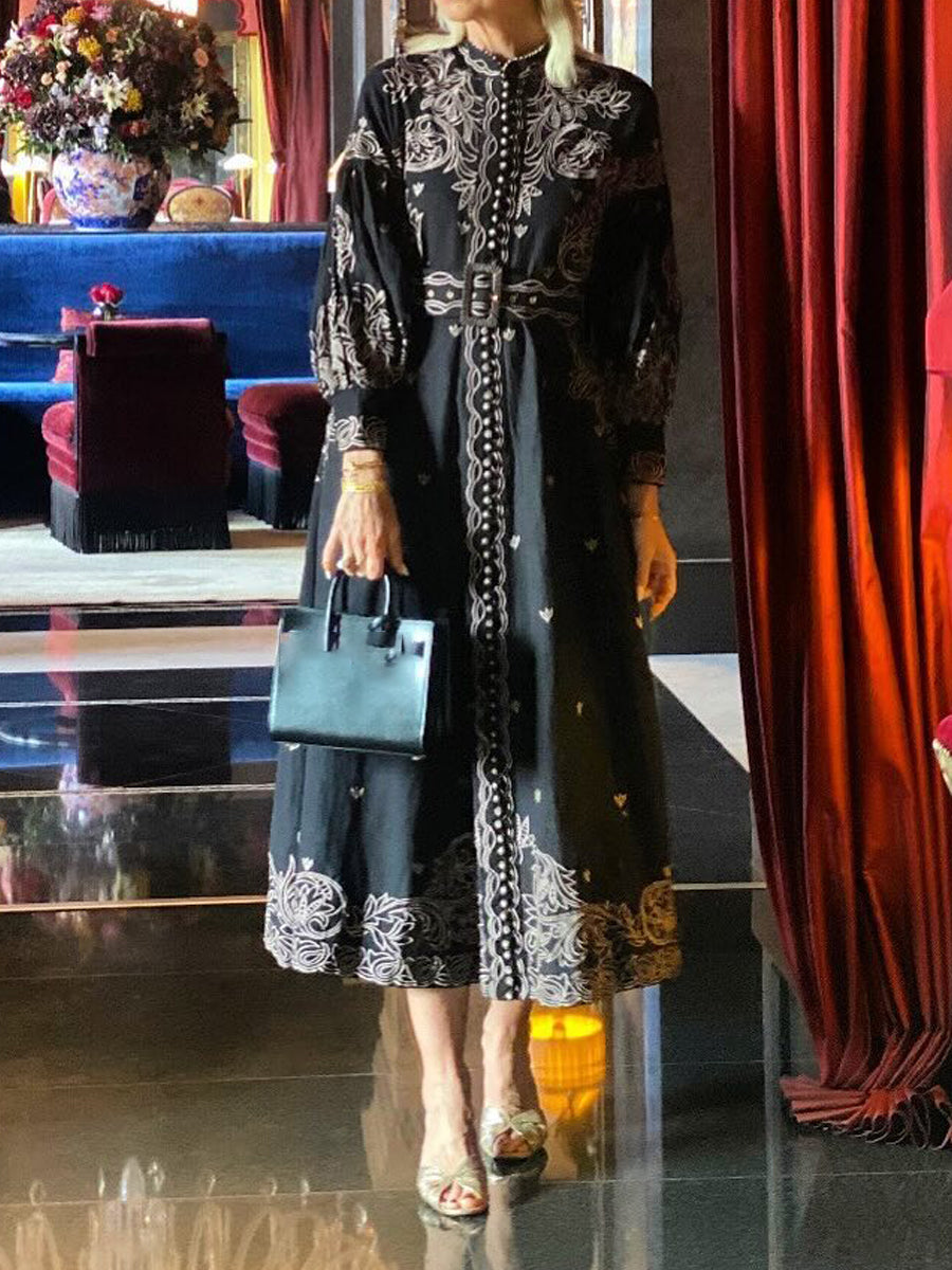 Elegant Embroidered Printed Long Sleeve Dress