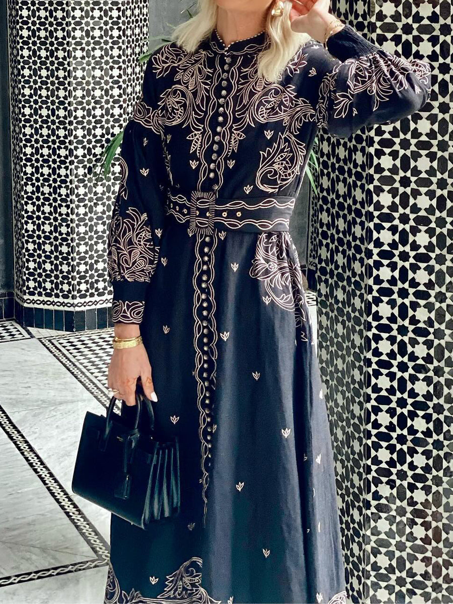 Elegant Embroidered Printed Long Sleeve Dress