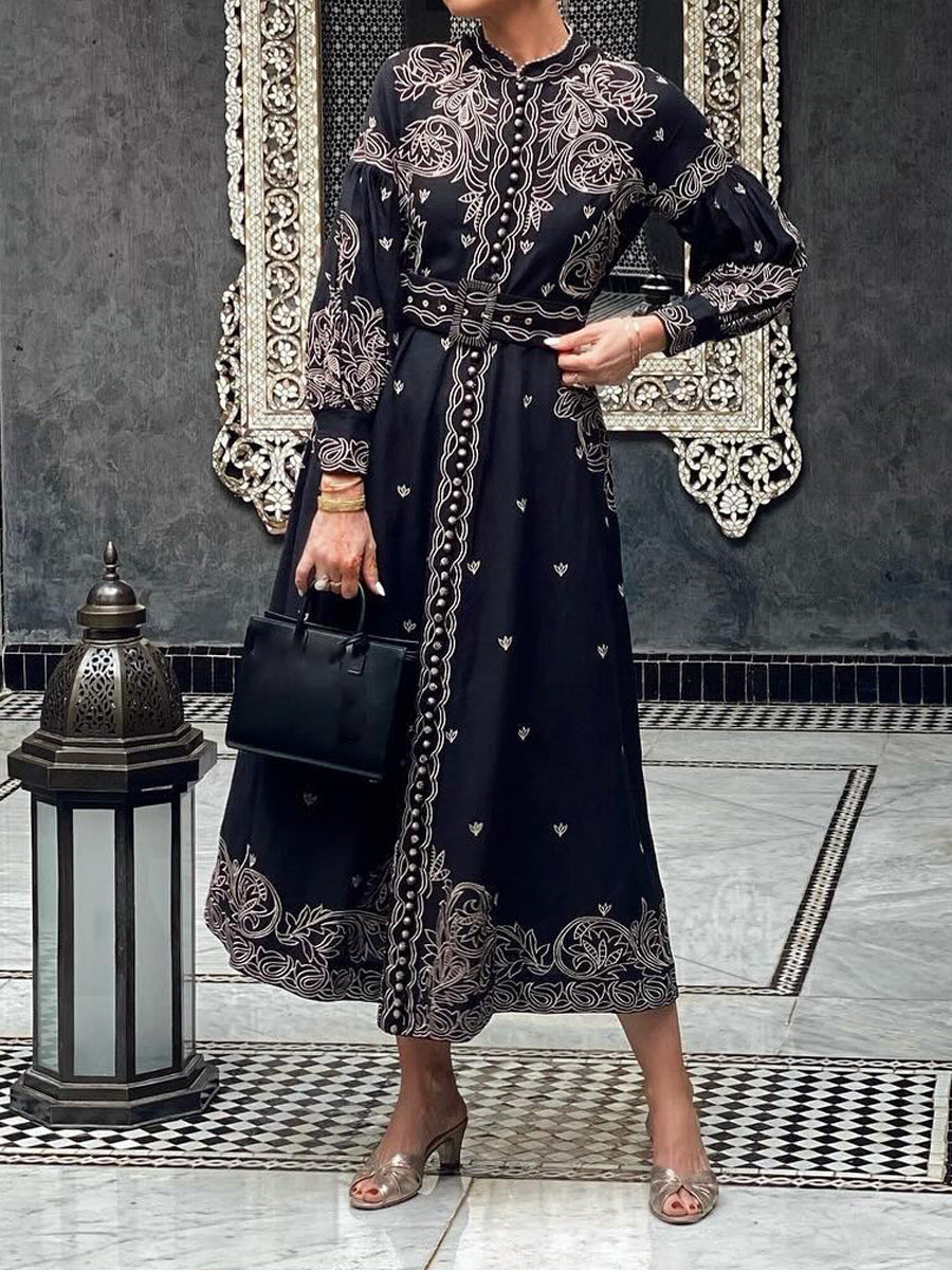 Elegant Embroidered Printed Long Sleeve Dress