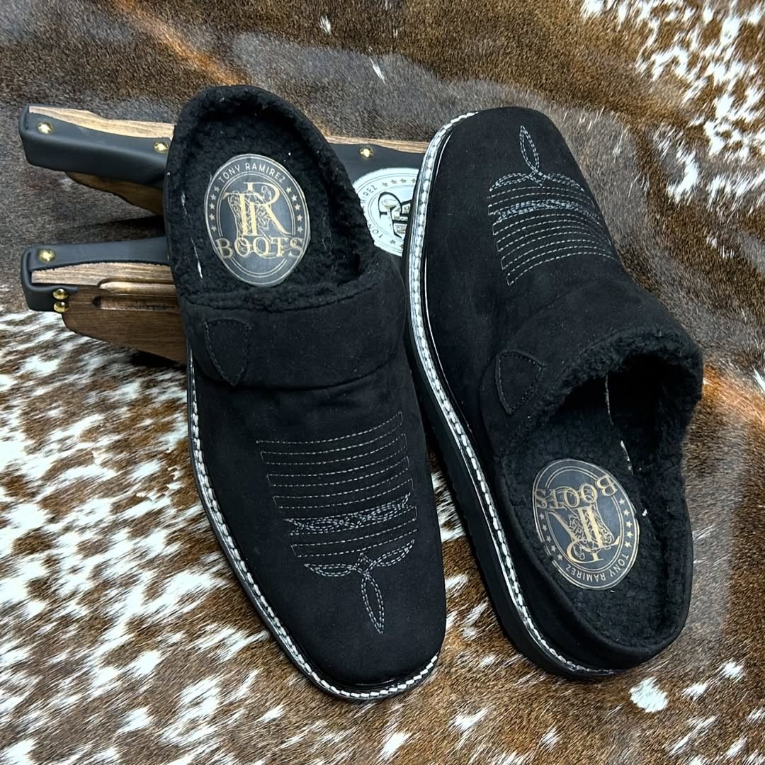 Leather Slippers for Men with Faux Fur Collar