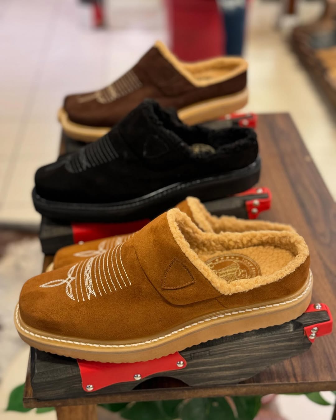 Leather Slippers for Men with Faux Fur Collar