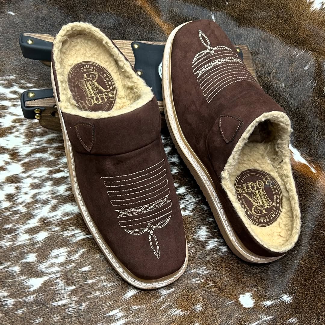 Leather Slippers for Men with Faux Fur Collar