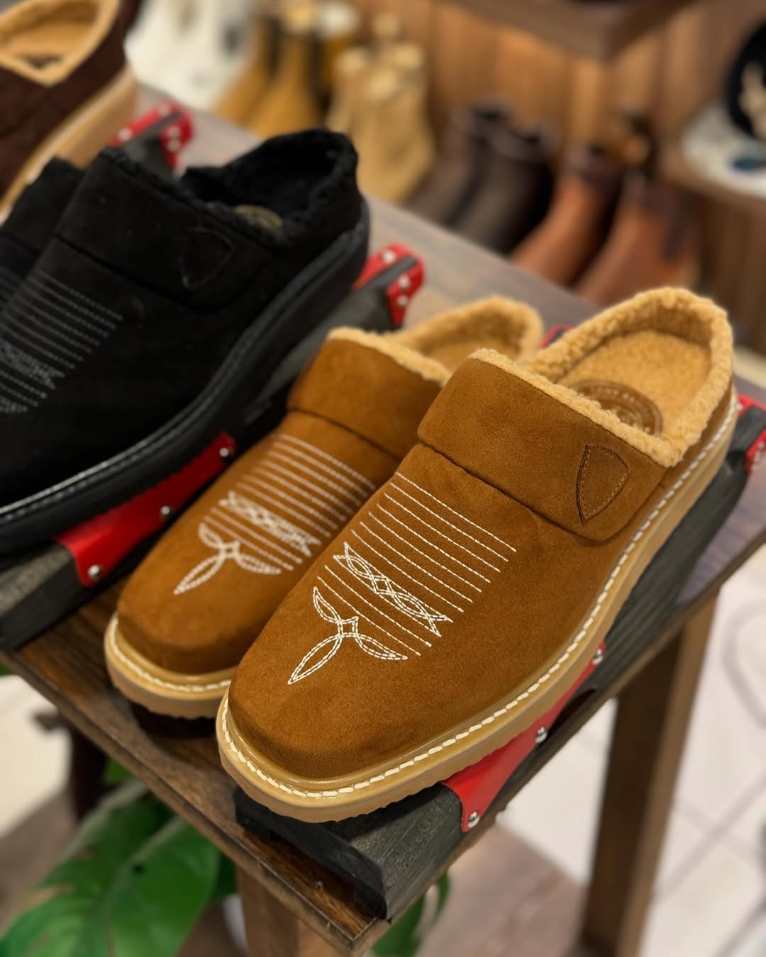 Leather Slippers for Men with Faux Fur Collar