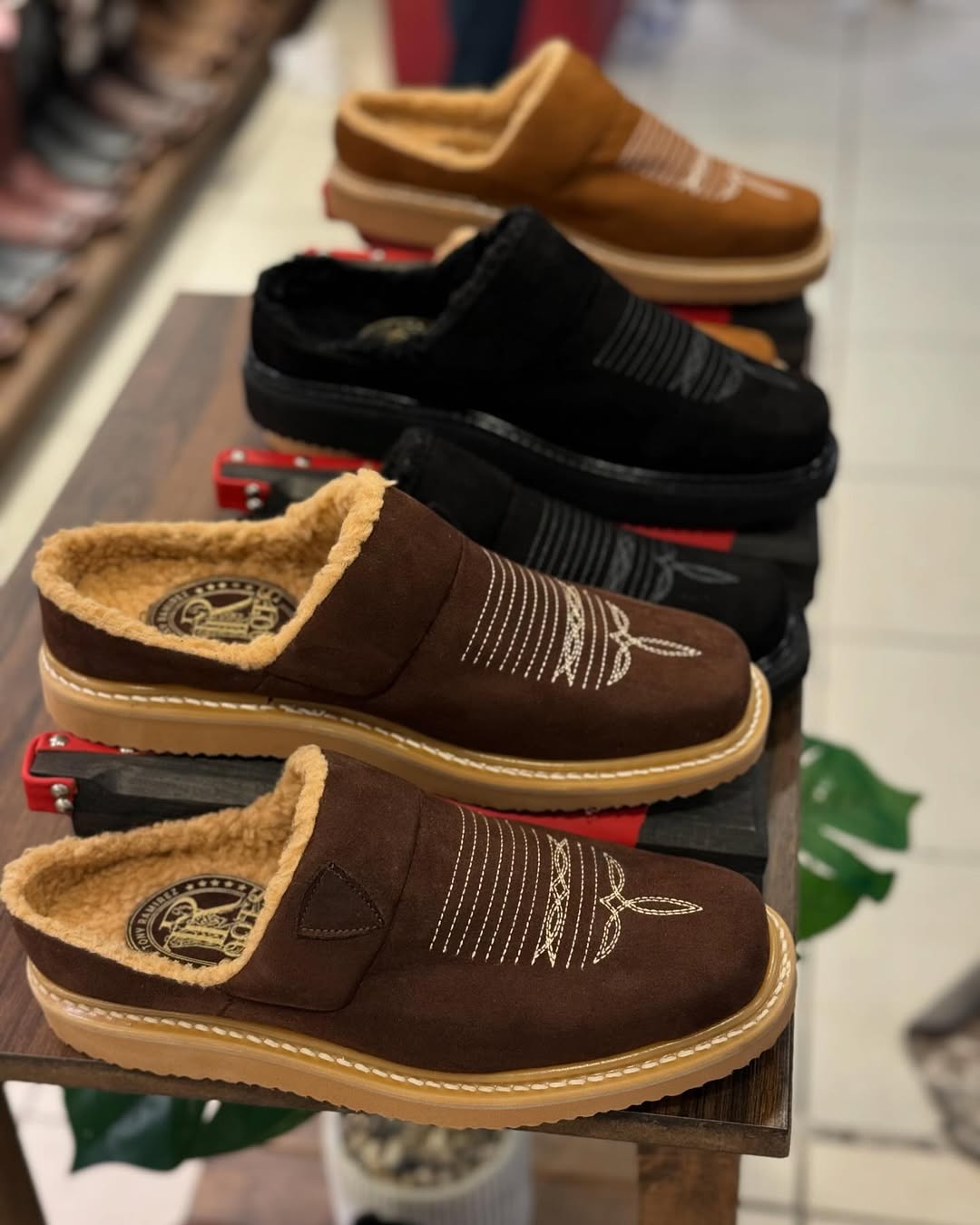 Leather Slippers for Men with Faux Fur Collar