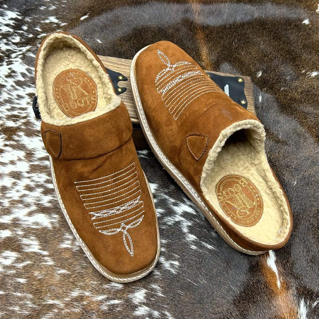 Leather Slippers for Men with Faux Fur Collar