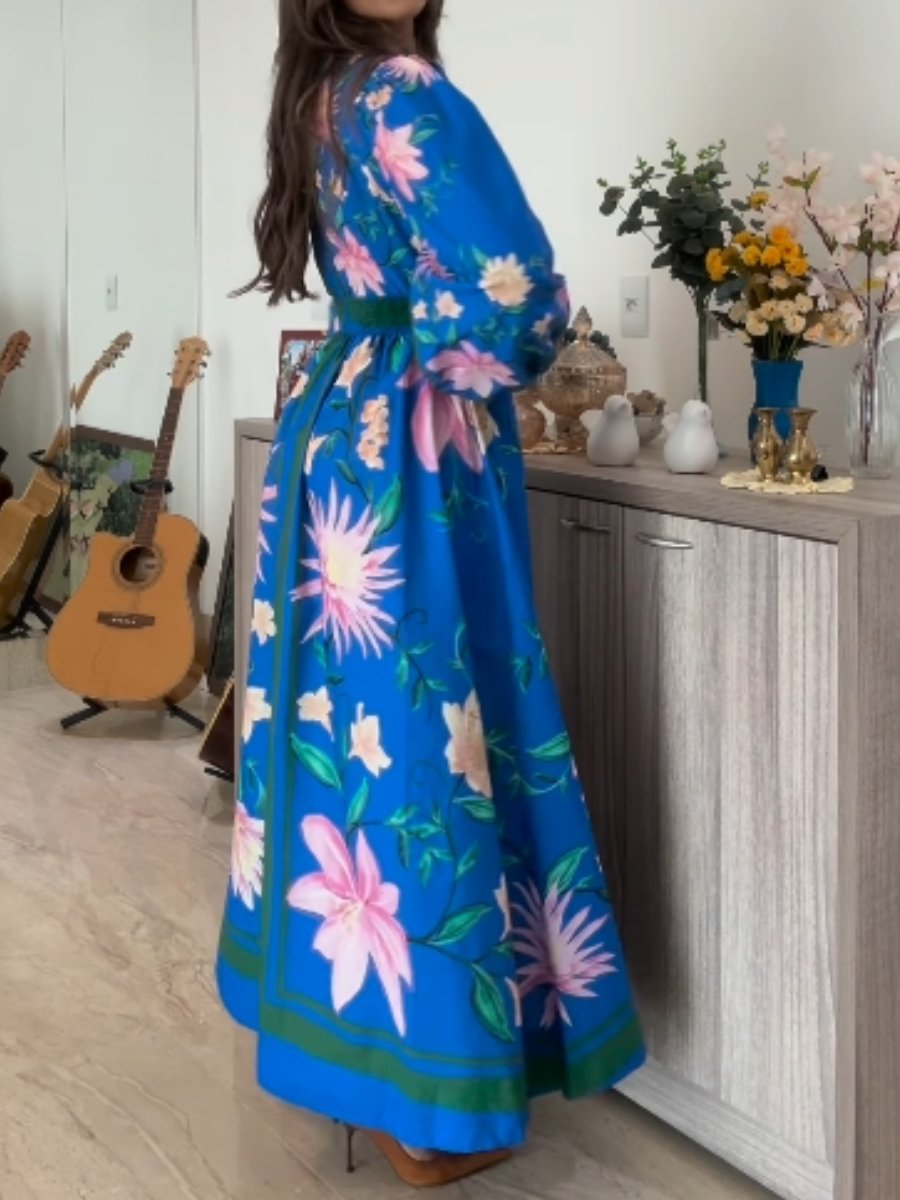 Blue Printed Long Sleeve Dress