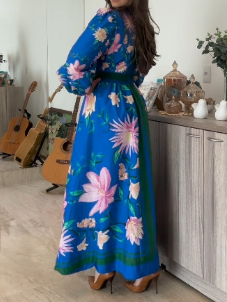 Blue Printed Long Sleeve Dress