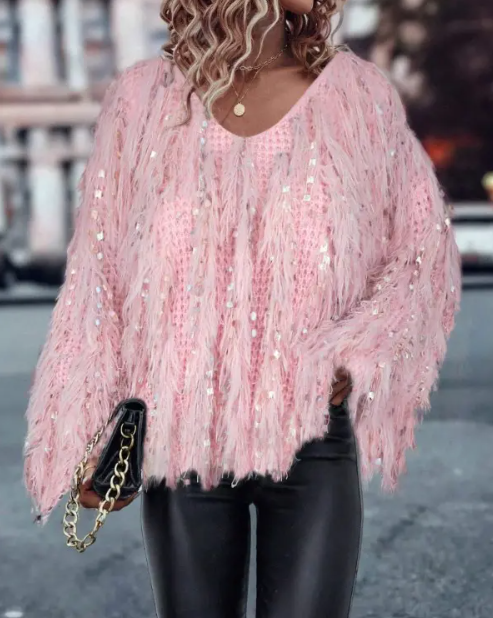 V Neck Long Sleeve Sequin Decor Sweater Tassel Casual Pullover Sweater