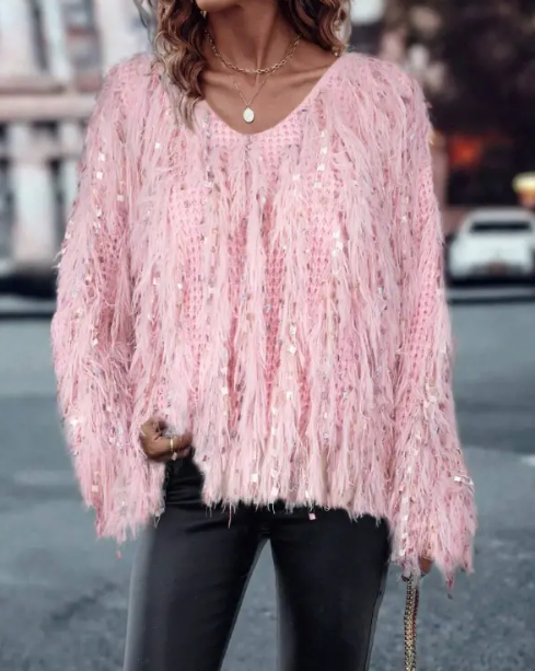 V Neck Long Sleeve Sequin Decor Sweater Tassel Casual Pullover Sweater