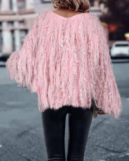 V Neck Long Sleeve Sequin Decor Sweater Tassel Casual Pullover Sweater