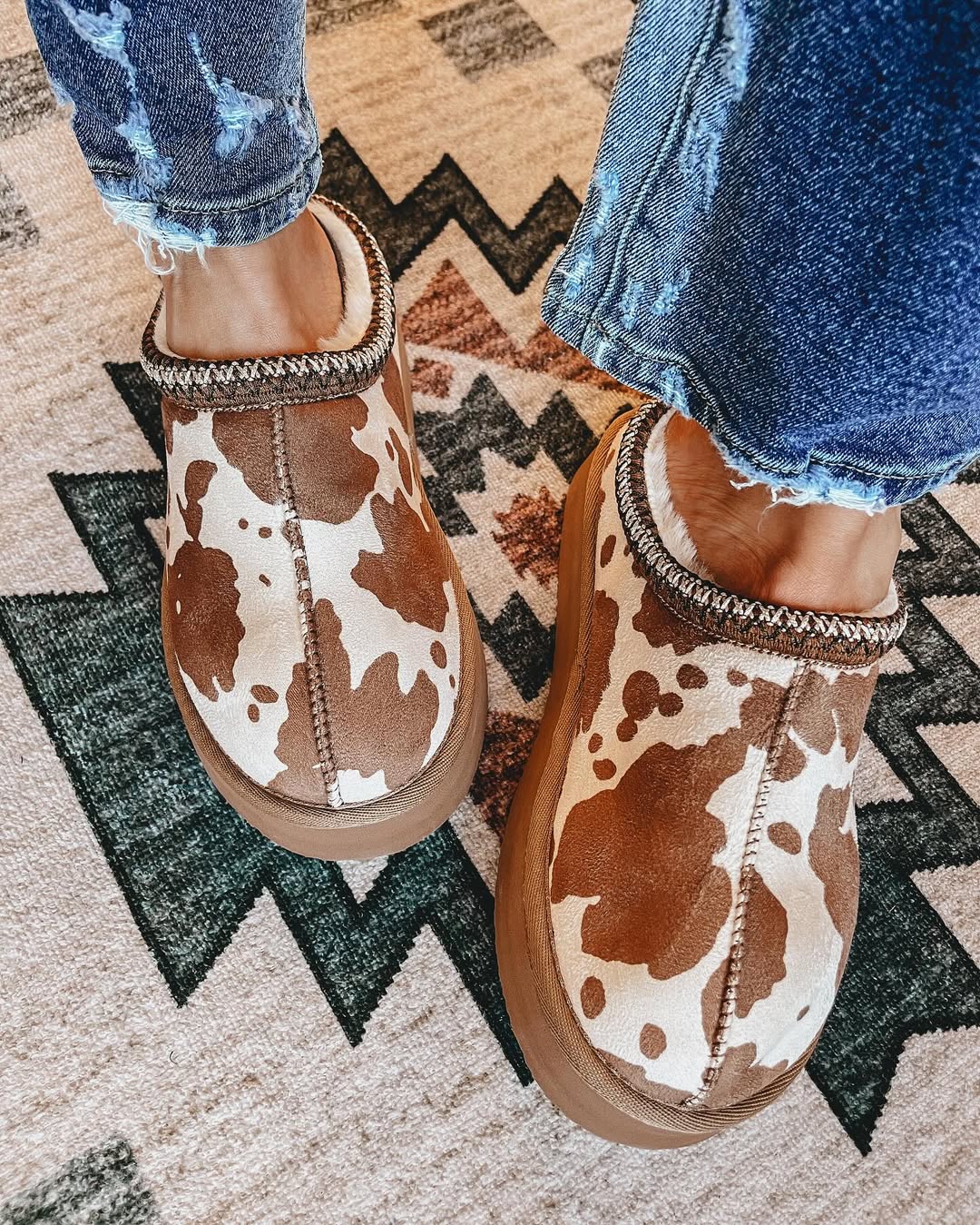 Platform Cow Print Slides