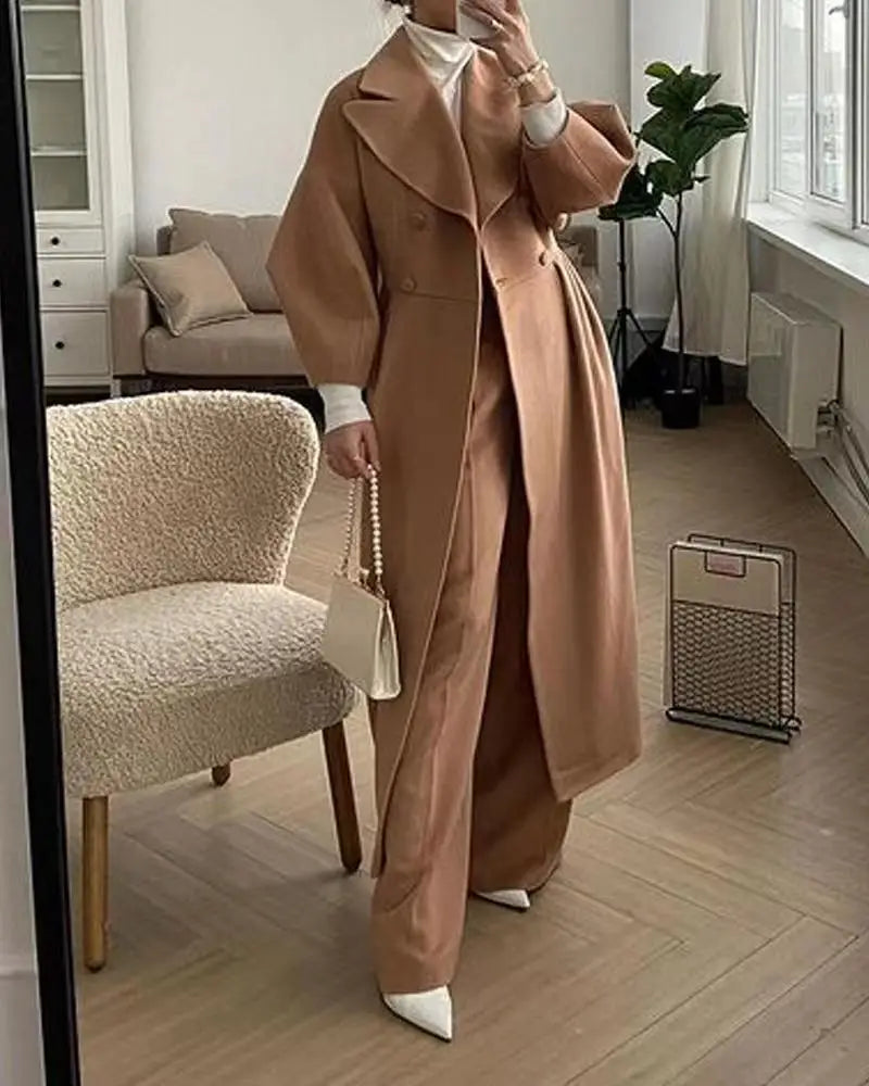 Autumn Coat Lantern Sleeve Double Breasted Lapel Long Coat