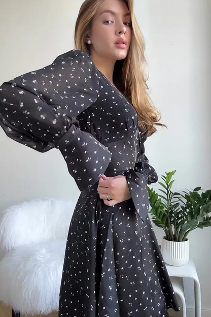 Polka dot long sleeve v-neck dress sexy backless women's clothing