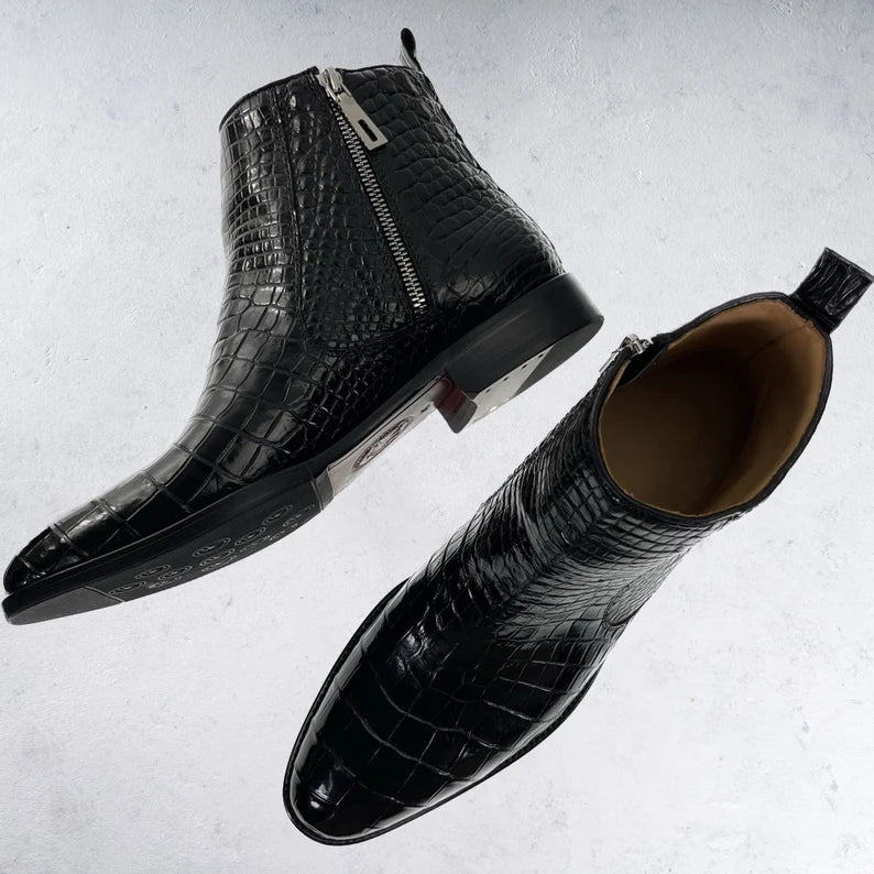 Belly Leather Men's Boots Black Alligator Leather Men's Shoes