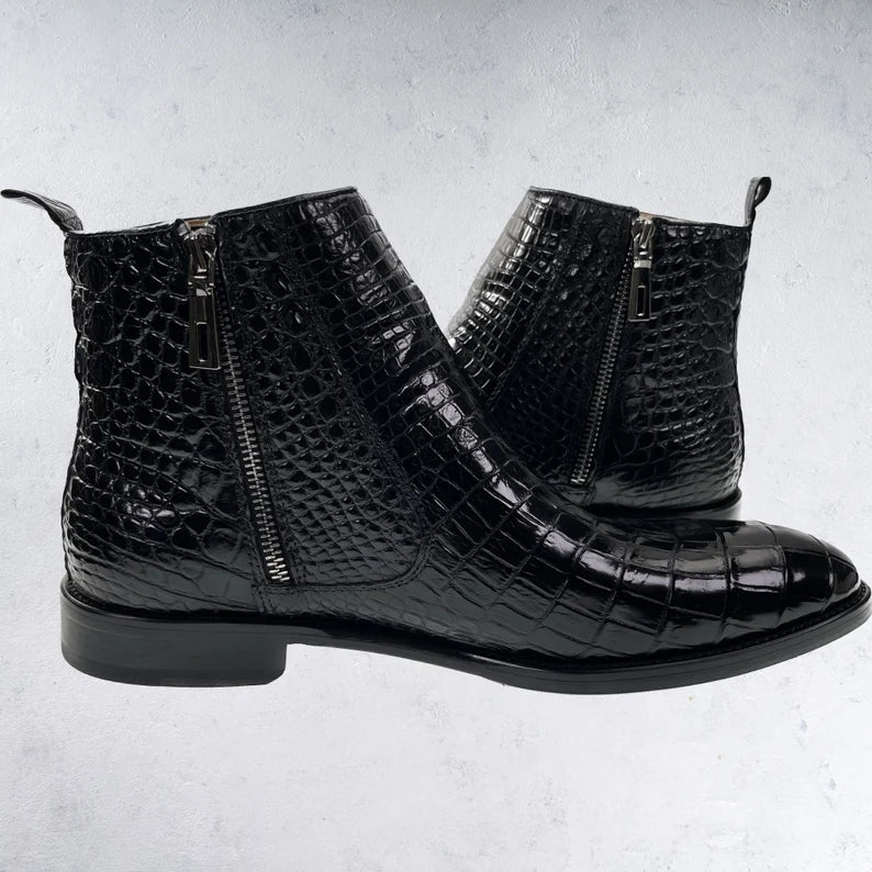 Belly Leather Men's Boots Black Alligator Leather Men's Shoes