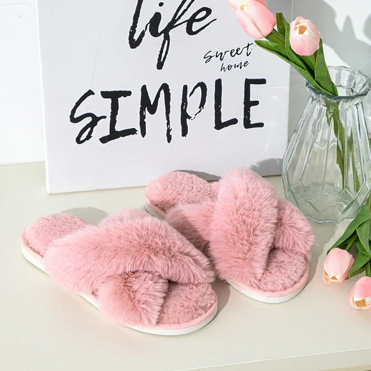 Cozy Furry Women's Cross-Band Slippers