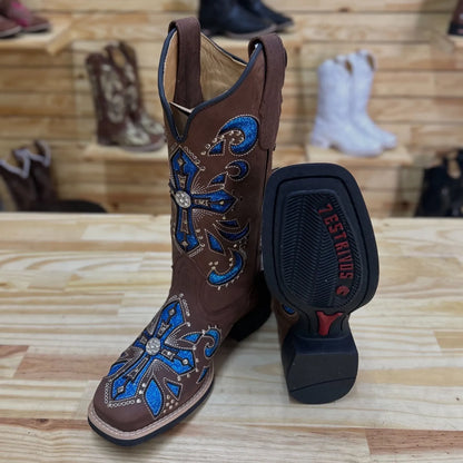 Texana Cruz Bridão (In Stock) - Crazy Horse Nescau Leather | Blue Glitter and Beige Embroidery