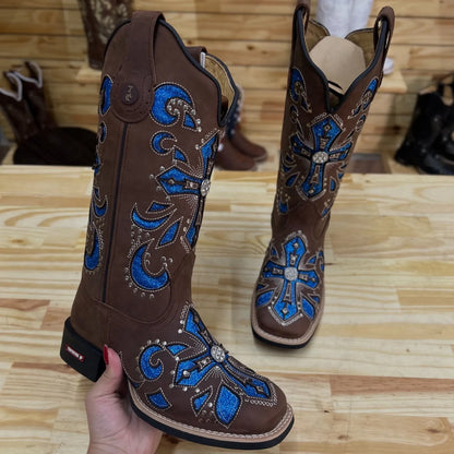 Texana Cruz Bridão (In Stock) - Crazy Horse Nescau Leather | Blue Glitter and Beige Embroidery