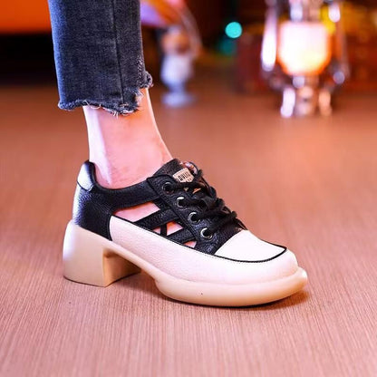 Canvas chunky heel hollow shoes