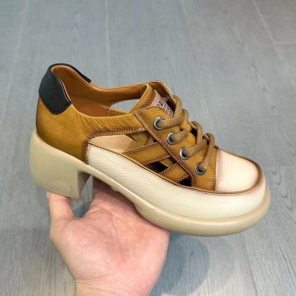 Canvas chunky heel hollow shoes