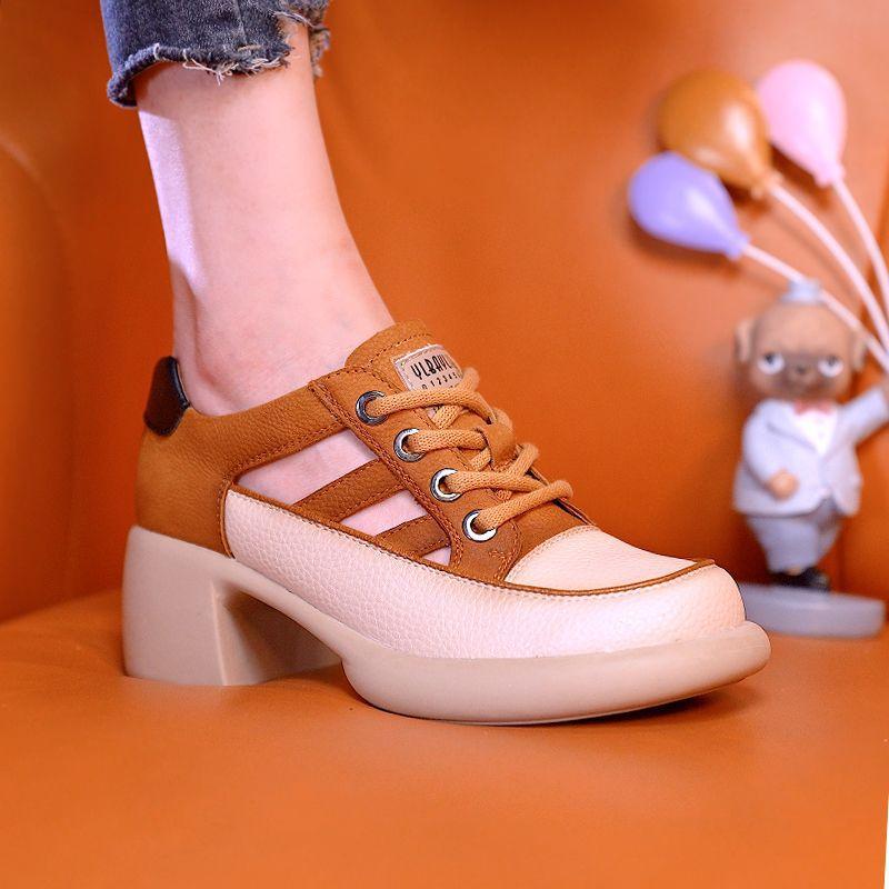 Canvas chunky heel hollow shoes