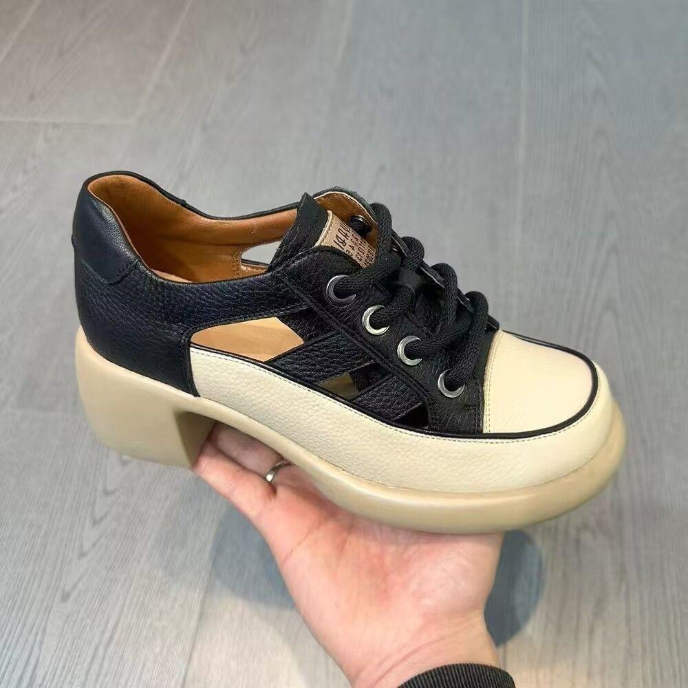 Canvas chunky heel hollow shoes