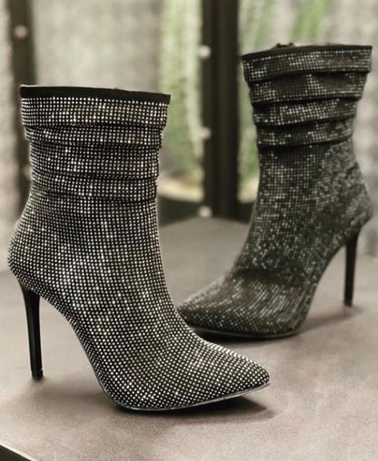 Sparkling rhinestone high-heeled boots