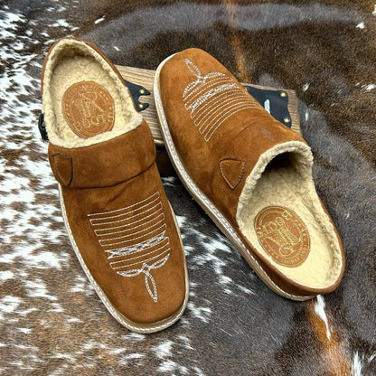 Leather Slippers for Men with Faux Fur Collar