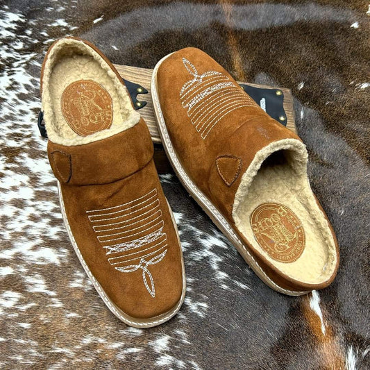 Leather Slippers for Men with Faux Fur Collar