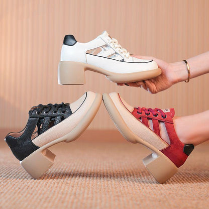 Canvas chunky heel hollow shoes