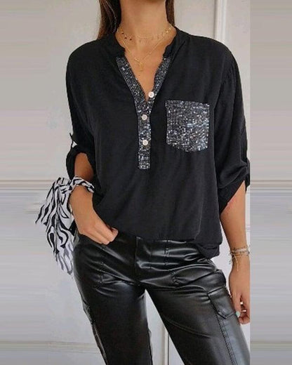 🔥Last Day Sale Up To 70% OFF - V-neck Sequin Mid-sleeve Casual Top