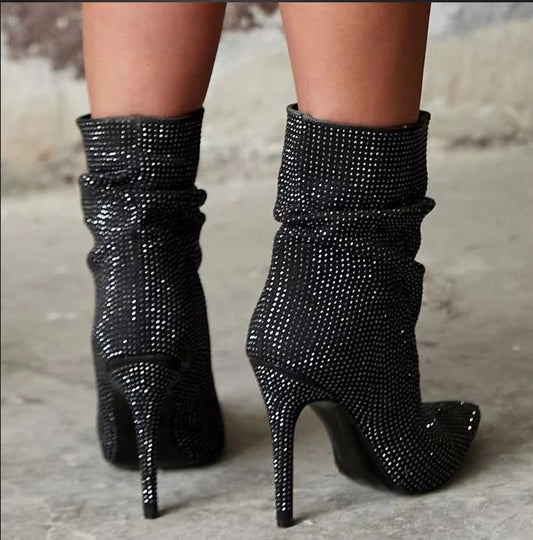 Sparkling rhinestone high-heeled boots