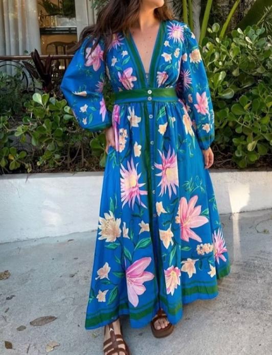Blue Printed Long Sleeve Dress