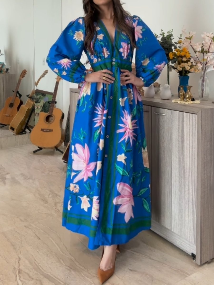 Blue Printed Long Sleeve Dress