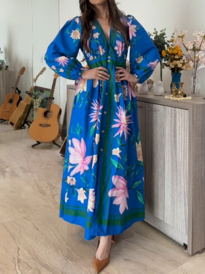 Blue Printed Long Sleeve Dress