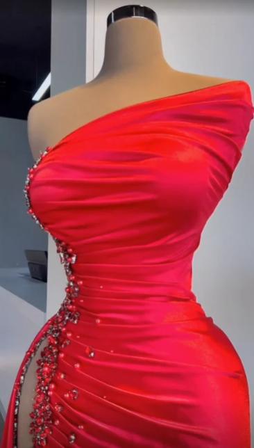 Sexy Red Beaded Satin High Slit Long Prom Dress