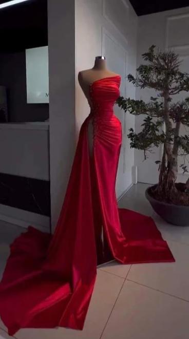 Sexy Red Beaded Satin High Slit Long Prom Dress