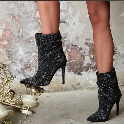 Sparkling rhinestone high-heeled boots