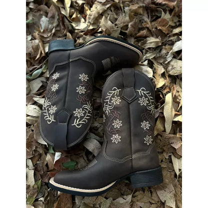 Square toe embroidered leather boots