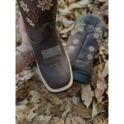 Square toe embroidered leather boots