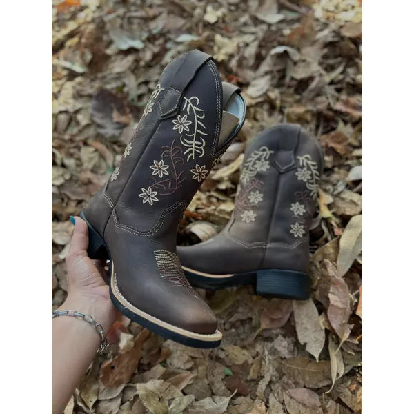 Square toe embroidered leather boots